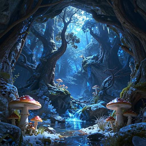 Fantasy cave scene with glowing blue light, large red-capped mushrooms, icy ground, and a small mushroom-carrying fairy in the background.