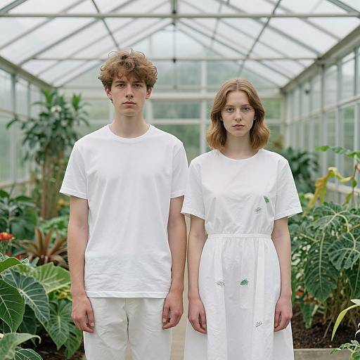 Photograph of a young, pale-skinned couple in white clothes standing in a greenhouse with lush green plants and a glass roof.