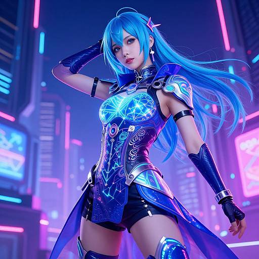 Digital artwork of a blue-haired anime woman in futuristic armor, neon-lit cityscape background, glowing blue and purple lights, confident stance.
