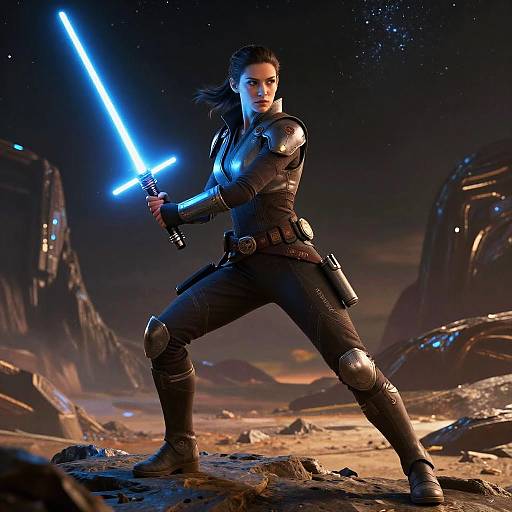 Photorealistic CGI of a fierce, dark-haired woman in black armor, wielding a glowing blue lightsaber, standing confidently on a rocky, alien landscape