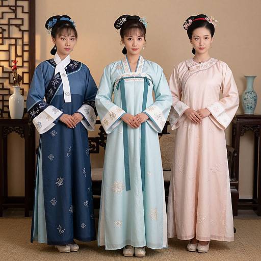 Photograph of three Asian women in traditional Korean hanbok dresses, standing in a room with wooden furniture and decorative vases. Diverse colors:
