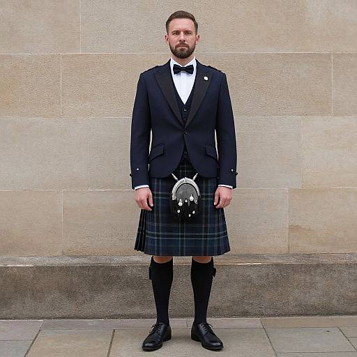 Photograph of a bearded man in traditional Scottish attire: black jacket, white shirt, black bow tie, green tartan kilt, black knee