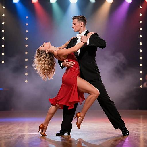 Passionate Ballroom Couple in Red Dress