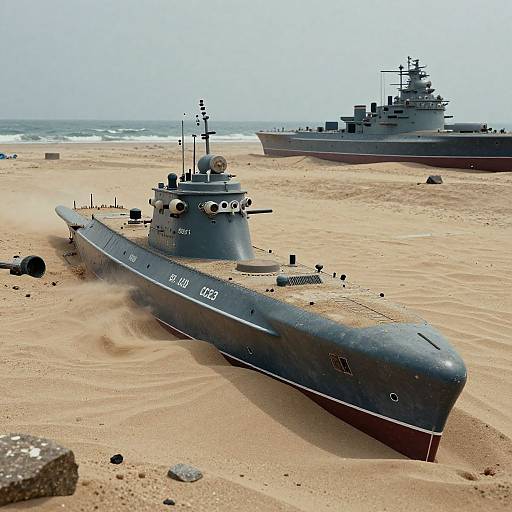 Photograph of two navy submarines on sandy beach, one black with 