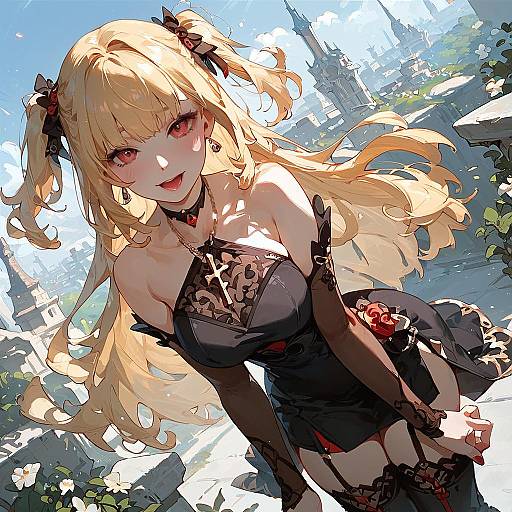 Anime Style Blonde Girl in Black Dress Outdoors