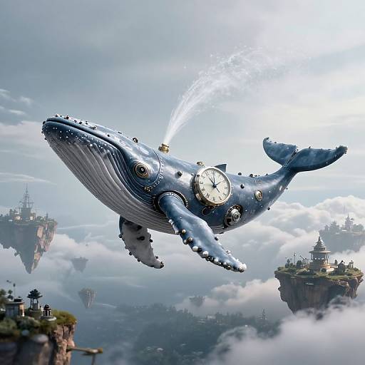 Whimsical digital artwork of a clocked whale spaceship soaring above floating islands with clock towers, emitting smoke from its rear.