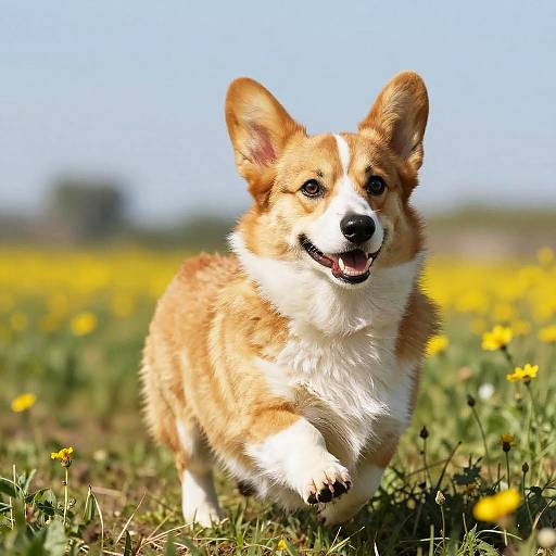 Cattle Dog Corgi Mix Running in Wildflower Field