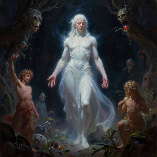 Digital painting of a glowing, ethereal white woman in flowing robes, surrounded by frightened, half-naked men and menacing, skeletal creatures in a dark