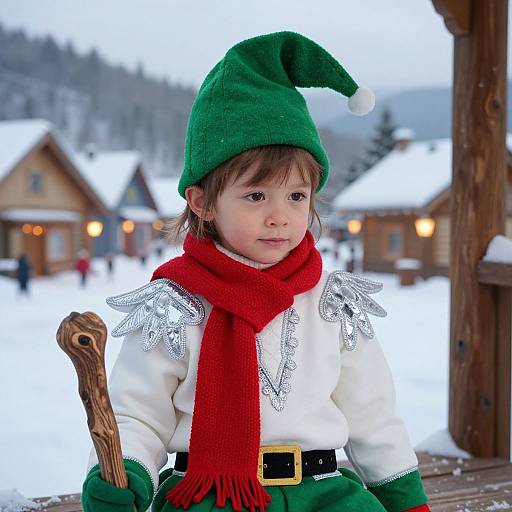Photograph of a young child in a green elf hat, red scarf, white shirt with silver lace, and green pants, holding a wooden staff,