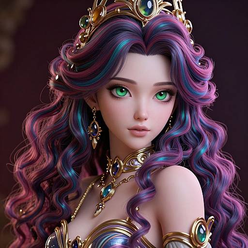 Digital art of a fair-skinned, green-eyed, fantasy queen with long, wavy, purple and blue hair, adorned in gold and gemstone