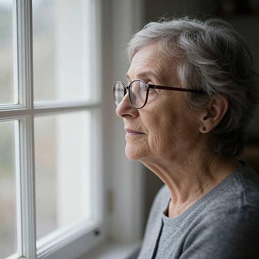 Photograph of an elderly woman with gray hair, glasses, and gray sweater, gazing thoughtfully out a sunlit window.
