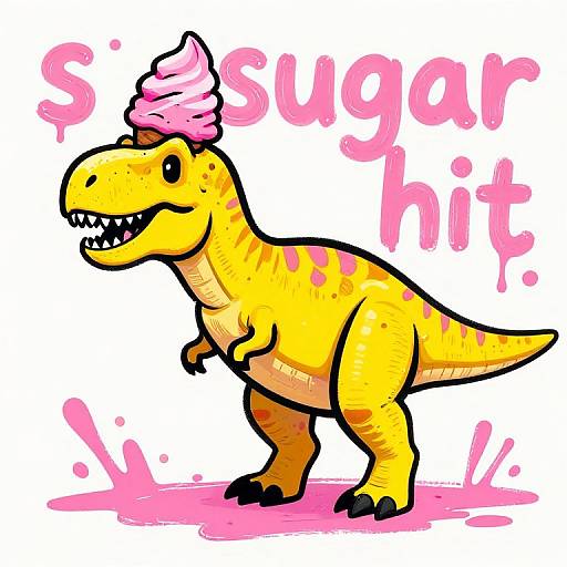 Colorful cartoon dinosaur with yellow skin, pink spots, and a pink ice cream cone on its head, standing with a happy expression. 