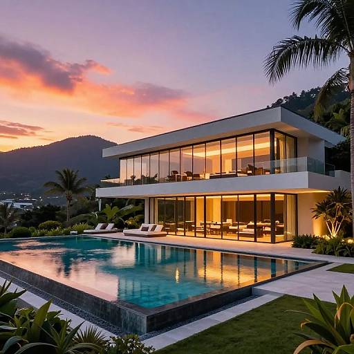 Modern two-story house with glass walls, illuminated at sunset, overlooking a reflective pool, surrounded by lush greenery and palm trees.
