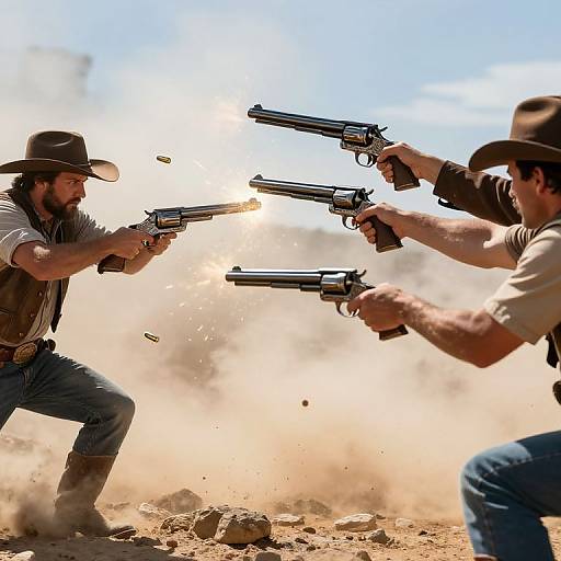 Photograph of two armed men in cowboy hats firing handguns at each other in a dusty, sunlit desert landscape. Bullets fly between them.