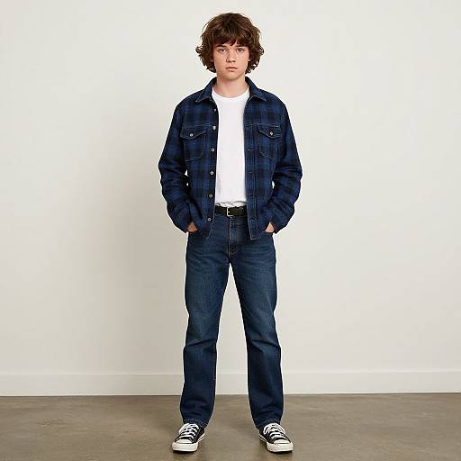 Photograph of a young man with curly brown hair, wearing a blue denim jacket, white t-shirt, dark blue jeans, and black Converse sneakers
