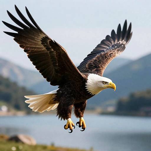 Soaring American Eagle Over Alpine Lake