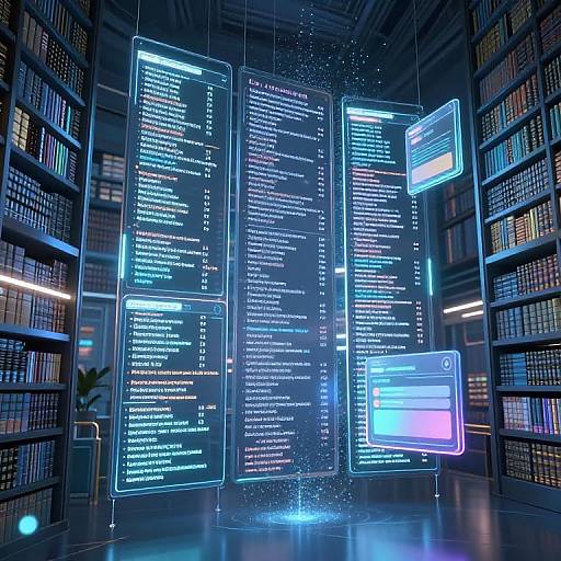 Digital art: futuristic library with glowing neon blue code screens floating in front of towering bookshelves, illuminated by soft blue and purple lights.