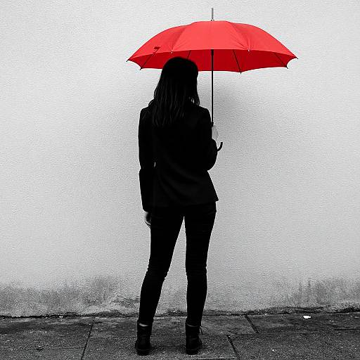 Silhouetted woman with long hair holds vibrant red umbrella against white wall, standing on gray pavement, photograph.