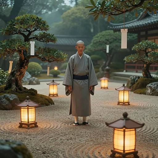 Zen Garden Fantasy with Meditative Monk