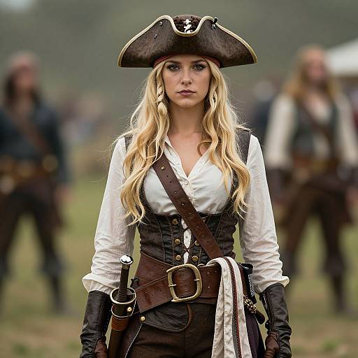 Photograph of a blonde woman in 18th-century pirate attire, white shirt, brown vest, black pants, tricorn hat, with blurred background