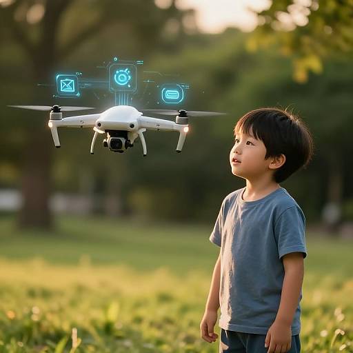 Photograph of an Asian boy in a blue shirt, standing in a sunlit park, looking at a white drone with glowing blue icons hovering above.