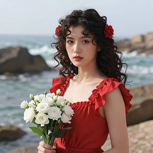 Photograph of an Asian woman with curly black hair, wearing a red dress with ruffled shoulders, holding a bouquet of white roses, standing by a