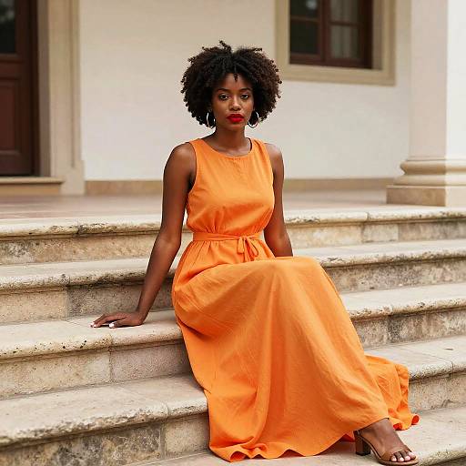 Elegant Afro Woman in Orange Maxi Dress