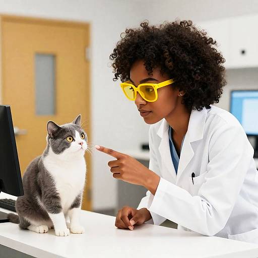 Scientist and Cat in Bright Lab Setting