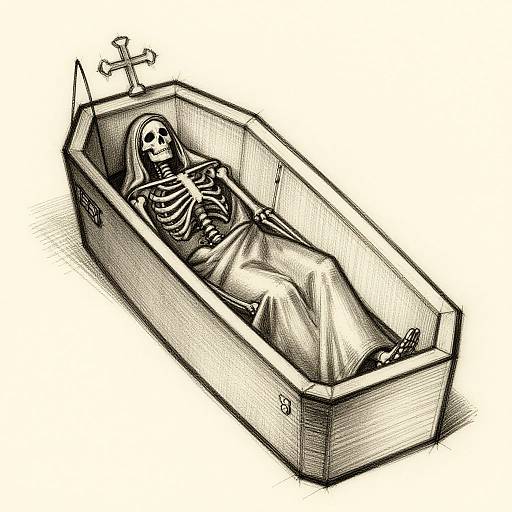 Black-and-white ink drawing of a skeletal figure dressed in a nun's habit lying in a rectangular coffin with a cross at the head.
