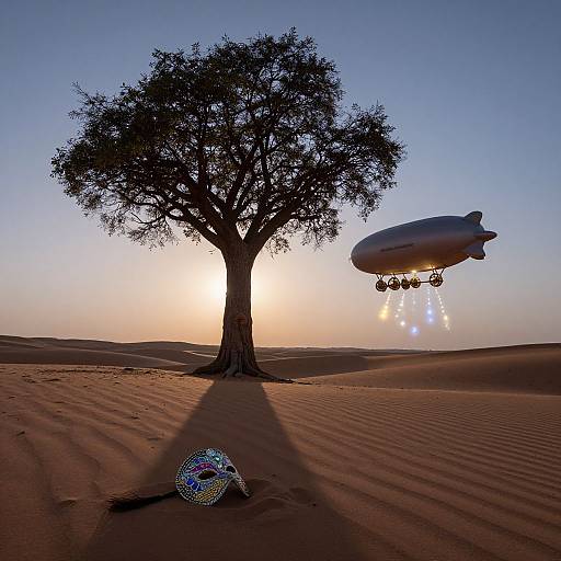 Photograph: Silhouetted tree in desert at sunset, with airship releasing lights, and colorful sphere in sand foreground. Clear blue sky.