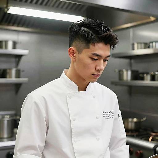 Photograph of an Asian male chef with short black hair, wearing a white chef coat, standing in a modern, stainless steel kitchen, focused downward.