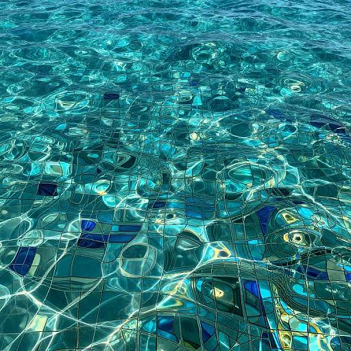 Photograph of clear, sunlit swimming pool water, showing vibrant blue and turquoise tiles with sparkling, wavy light reflections.