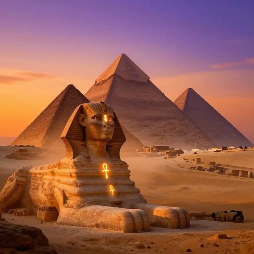 Photograph of a illuminated Egyptian Sphinx with an ankh symbol, set against a sunset sky with three pyramids in Giza.