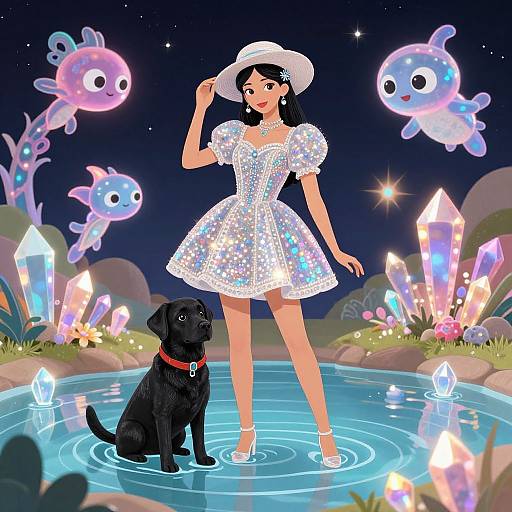 Digital illustration of a fair-skinned woman in a sparkly white dress and hat, standing in a glowing crystal pond with a black dog and colorful jelly