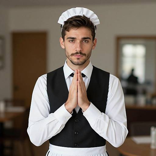 Photograph of a handsome young man with dark hair and beard, wearing a white maid's headpiece, black vest over white shirt, hands in prayer