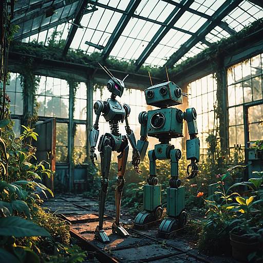 Vintage Robots in Overgrown Greenhouse