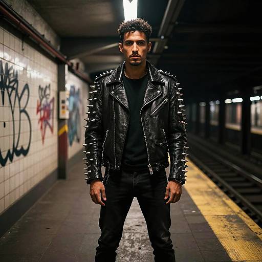 Man in Spiky Leather Jacket on Subway Platform