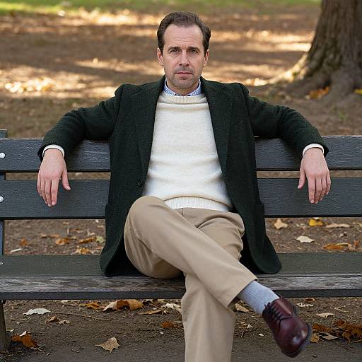 Photograph of a middle-aged man with light skin, brown hair, and average build, wearing a black blazer, white sweater, beige pants,