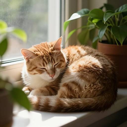 Photograph of a fluffy, orange tabby cat with white chest and paws, sleeping on a windowsill, bathed in sunlight, surrounded by