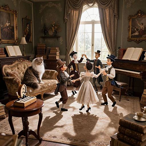 Dollhouse scene: Victorian-era dolls dancing in elegant parlor, grand piano, ornate curtains, sunlit window, cat on vintage sofa.