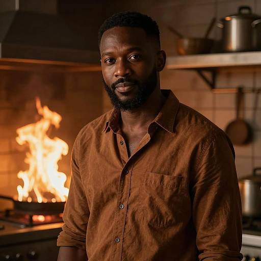 Smiling Chef in Fiery Kitchen Atmosphere
