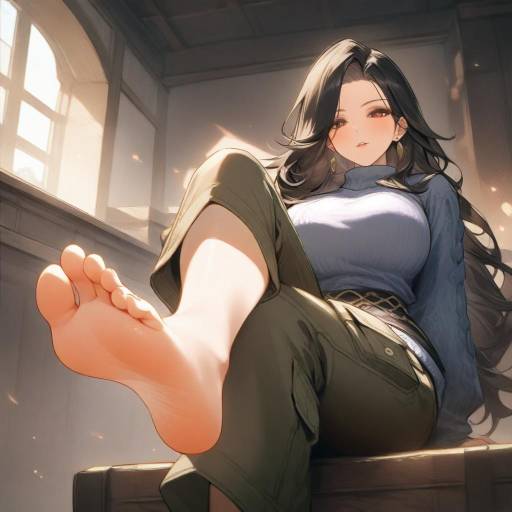 Barefoot Girl in Cargo Pants Indoors