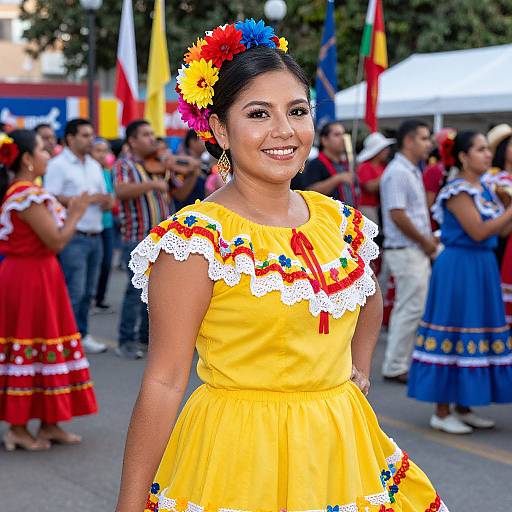 Photograph of a smiling Latina woman in a vibrant yellow Mexican dress with white lace, colorful flower hairpiece, and red ribbon, standing at a festive