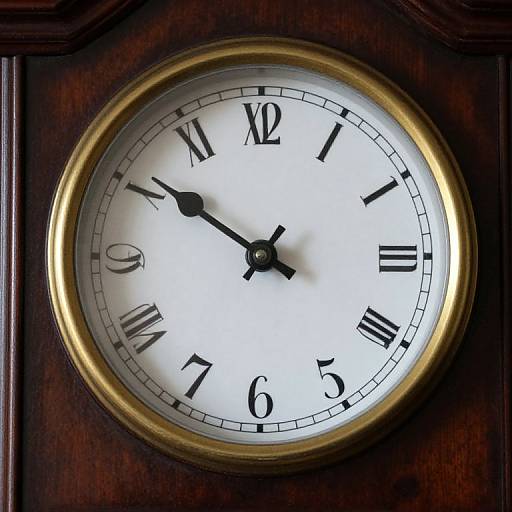 Photograph of an antique wooden clock with a gold rim, white face, black Roman numerals, and black hands showing 6:10.
