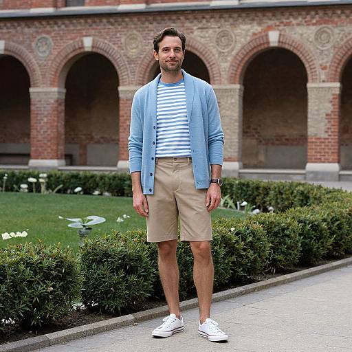 Photograph of a bearded man with short brown hair, wearing a blue cardigan, white striped shirt, beige shorts, and white sneakers, standing