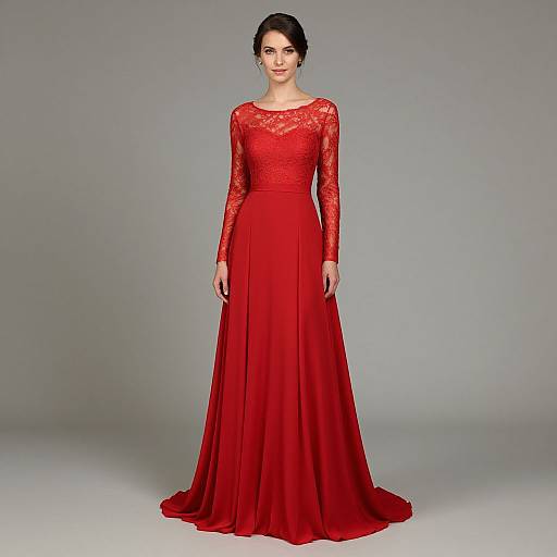 Photograph of a woman with dark hair in an elegant, long-sleeved, red lace gown with a round neckline, standing against a plain gray