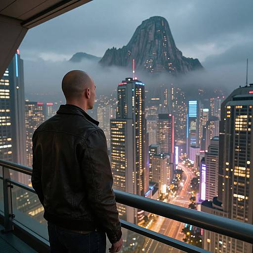 Photograph of a bald man in a black jacket, standing on a balcony, gazing at a neon-lit cityscape with a fog-covered,