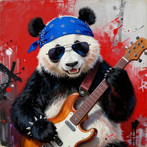 Digital art of a panda wearing sunglasses and a blue bandana, playing an electric guitar against a red and black abstract background.