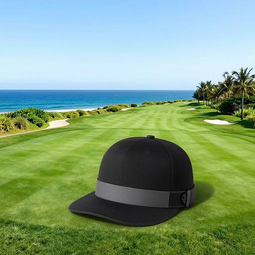 Photograph of a black baseball cap with a gray band, placed on a well-maintained green golf course overlooking a clear blue ocean and palm trees