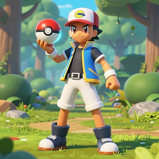 Digital illustration of a Pokémon trainer with tan skin, black hair, blue-yellow vest, white shorts, blue boots, holding a Poké Ball, standing